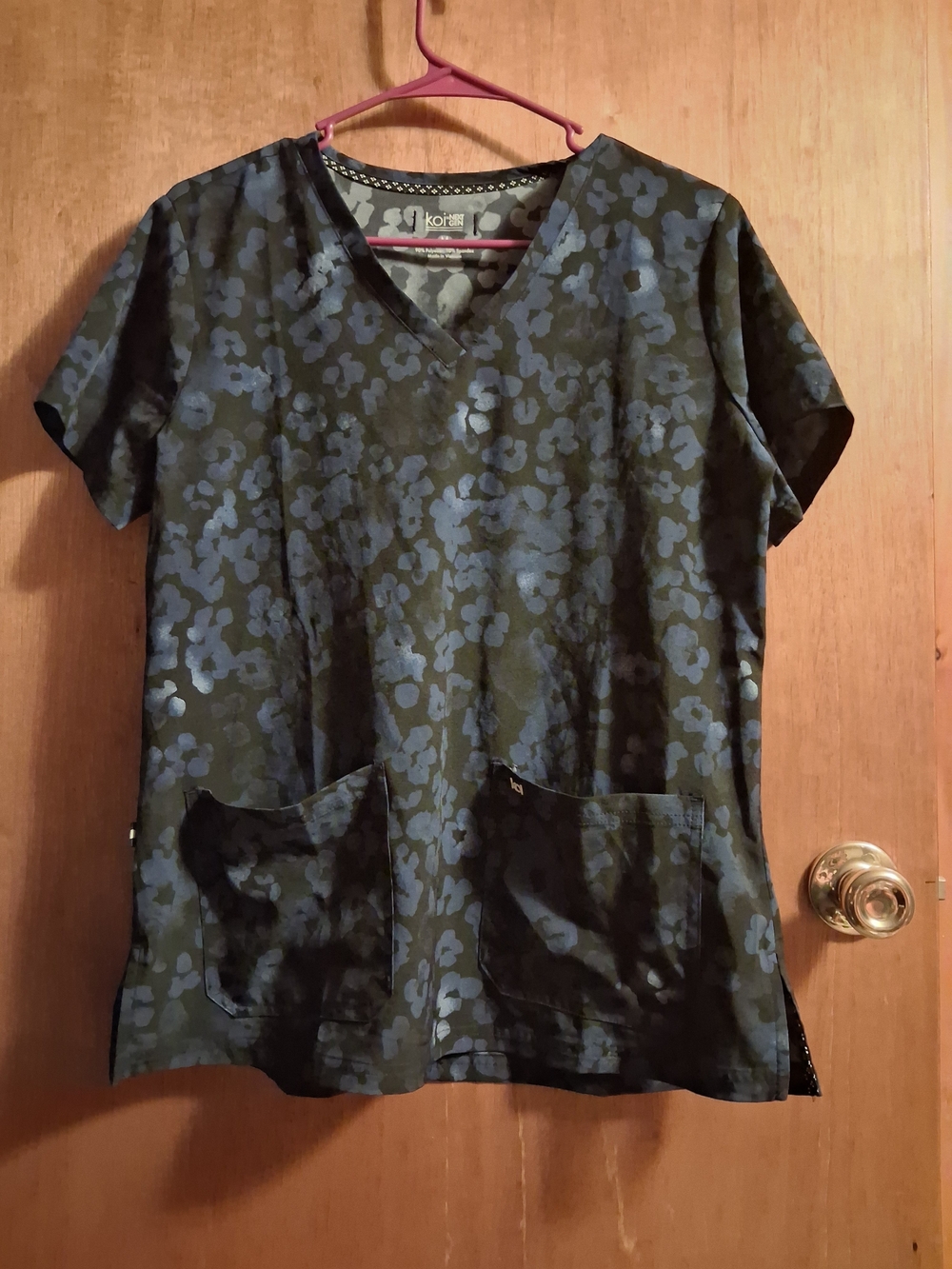 koi Navy and Black Animal Print V-Neck Scrub Top